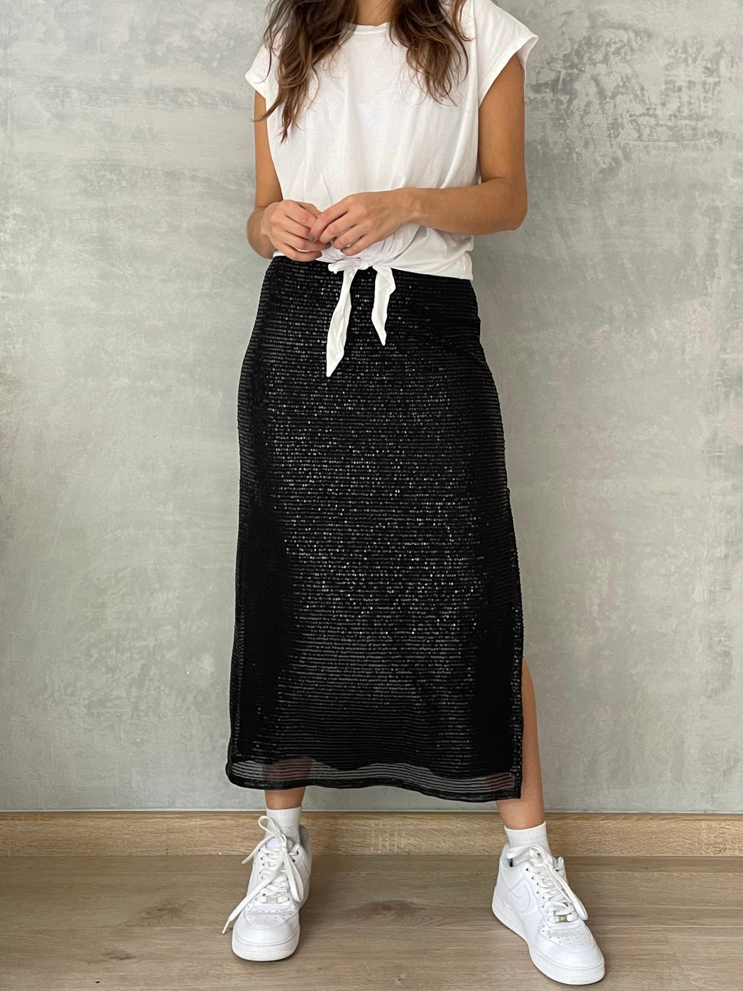 Falda Midi Lentejuelas Negro